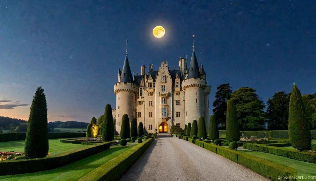 Create a stunning image of a grand castle under a night sky with a bright full moon. The castle should have an illuminated facade, with warm yellow lights highlighting its stone architecture. The structure should feature multiple chimneys, pointed roofs, and a central tower, reflecting an old-world charm. In front of the castle, include a circular driveway with a centerpiece statue, and neatly trimmed gardens with geometrically shaped hedges and trees lining the pathway. The expansive lawn should be well-maintained, leading up to the castle's entrance. The surrounding landscape should feature tall trees, creating a serene and picturesque setting. The overall ambiance should be tranquil and magical, emphasizing the contrast between the deep blue night sky and the warm glow of the castle.