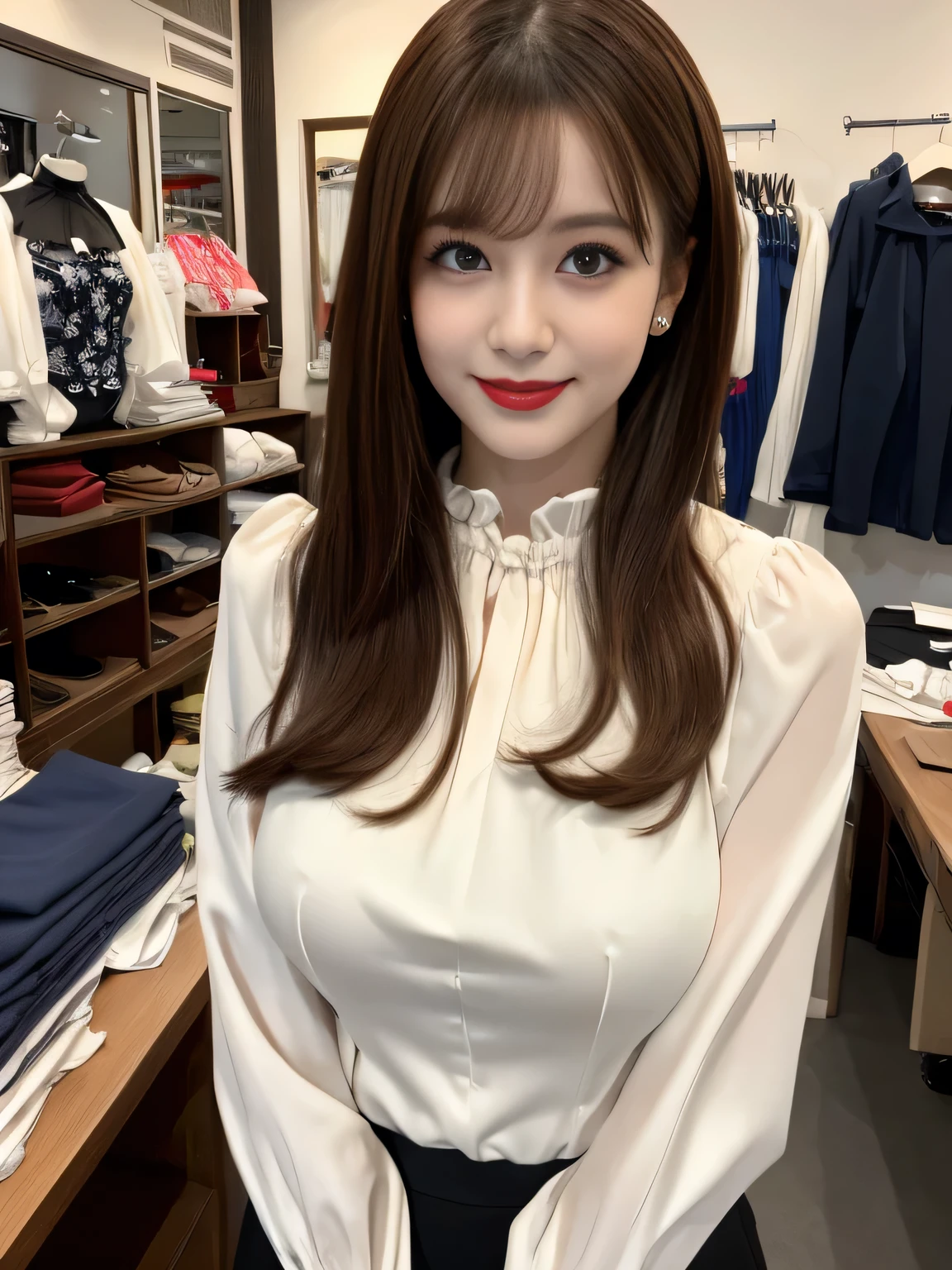 ((Highest quality, 8k, Representative works in detail, Ultra-high resolution)), (Looking at the audience), (Full body portrait), Attractive woman, ((Big Breasts)),  smile, ((Black choker)), Slim figure, (blue eyes), Long eyelashes, bangs, Beautiful shiny brown hair, Nogizaka Idol, Slim face、((Ivory white blouse)), Millionaire's daughter、noble、Straight Hair、((Silk Fabric)), Red lipstick, cloth shop