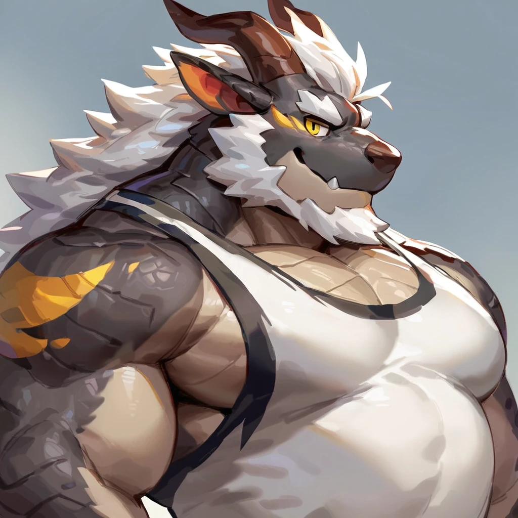 (artist: jacketbear,lindong, null-ghost, dangpa, gamma_g, kulplant),male, sfw, eastern dragon, , bara, big chest, simple bg, one fluffy tail, old man, fluffy mane, , grey body, white hair, solo, scales, detailed scales, tank top, jeans shorts, dragon horns, yellow iris, big eyes, white beard, fluffy hair, detailed face:2.0, one tail, masterpiece:2.0, perfect eyes:2.0, good anatomy:2.0, full body:2.0, profile shot