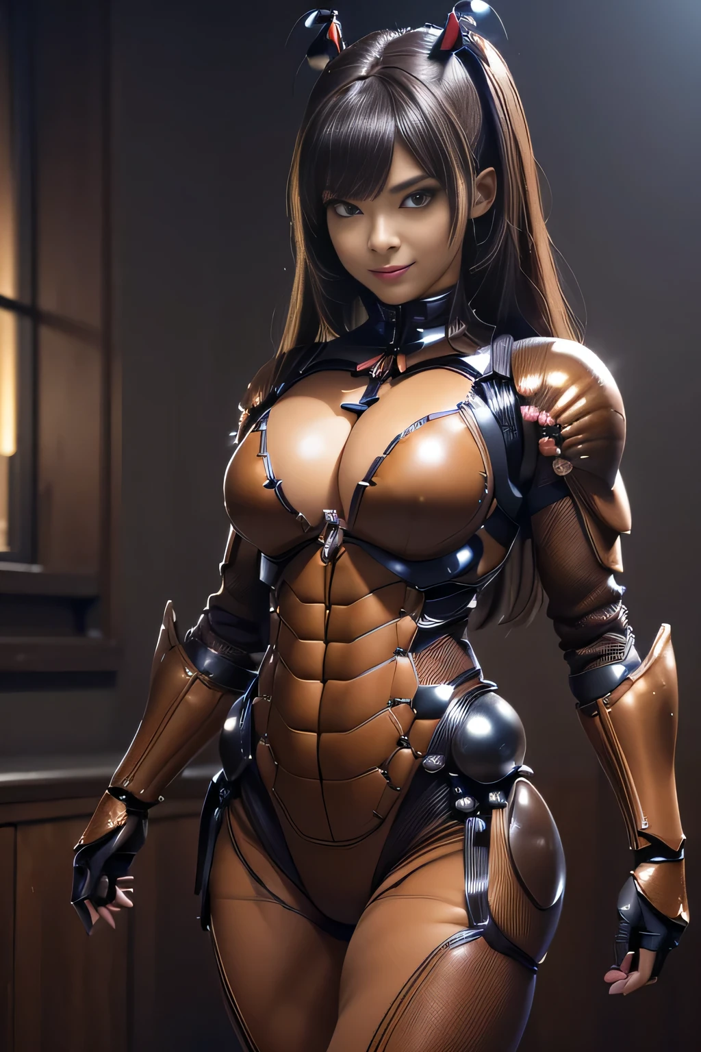 (high resolution,masterpiece,best quality,extremely detailed CG, anime, official art:1.4), realistic, photo, amazing fine details, all intricate, gloss and shiny,awesome many layers, 8k wall paper, 3d, sketch, kawaii, illustration,( solo:1.4), perfect female proportion,villainess, (fusion of dark brown cockroach and lady:1.4), (brown cockroach form lady:1.2), (brown cockroach lady:1.2), (fusion:1.2), (solo:1.4), (evil smile:1.2), muscular, abs, (cockroach brown exoskeleton bio insect suit:1.4), (cockroach brown exoskeleton bio insect armor:1.2), (brown transparency cockroach wing:1.4), (brown cockroach antennae:1.3),