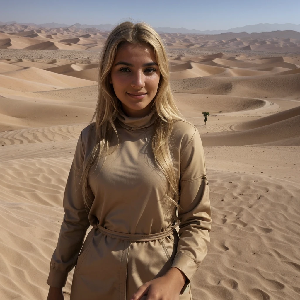 Une jeune fille blonde algerienne sur in chameau dans le dessert prenant un selfie 