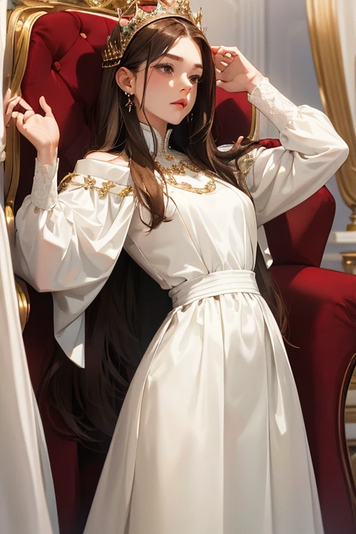 white girl about 25 years old, thin, elegant and beautiful clothes, with crucifix details, crucifix earrings, blind blue eyes, in a European mansion, long wavy brown hair