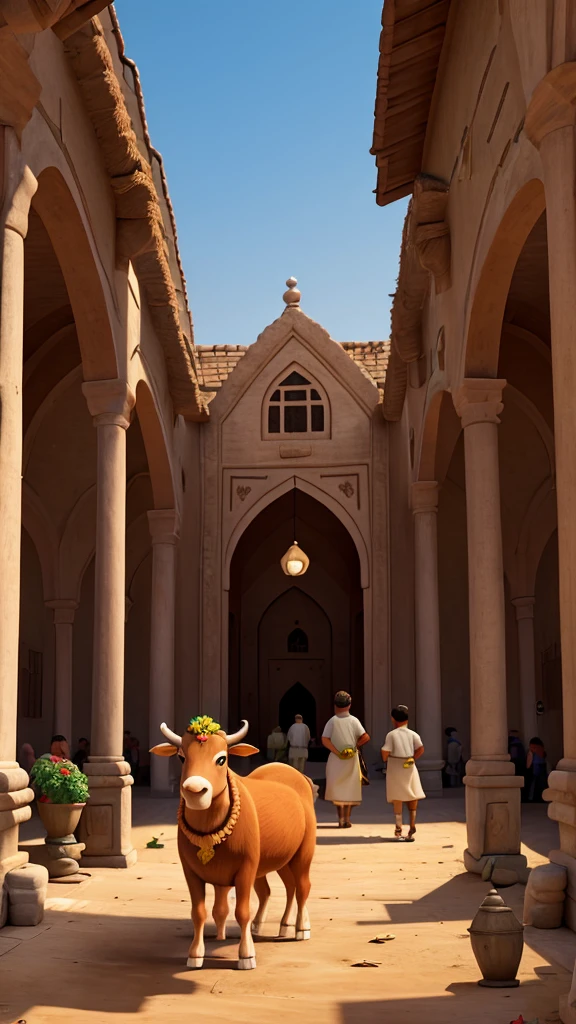 Illustration with nuances of the Eid al-Adha holiday atmosphere with young people slaughtering sacrificial animals