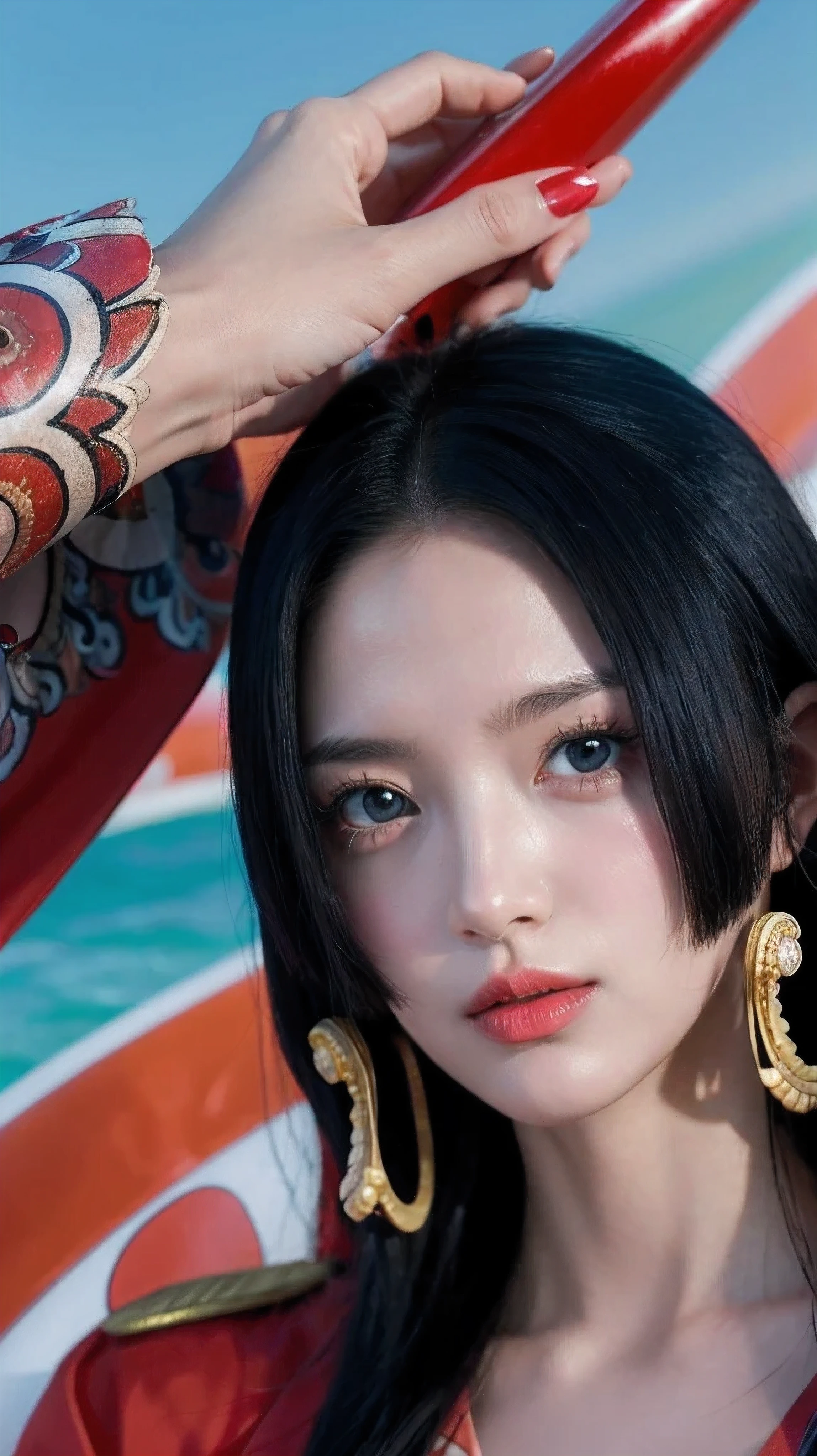 a person with long hair, red kimono, boa hancock, boa hancock from anime one piece, as an anime character, perfect anime face, she has black hair with bangs, female anime character, anime character, anime best girl, hime cut hairstyle, black hair, (red glossy lips:1.3), blue eyes, smile, sea background, (beautiful face:1.3)