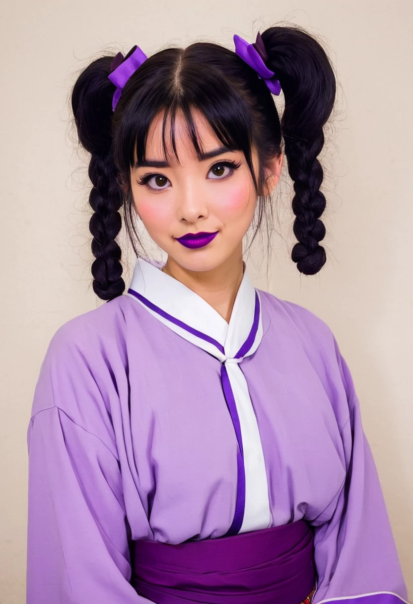 A Ghibli's studio 2D character. She have her messy black hair tied in a big pigtails. She wears traditional clothes and her lipstick is purple