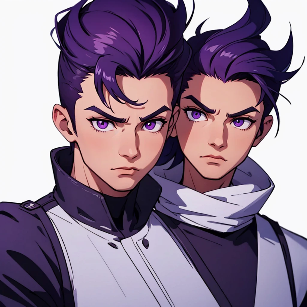 anime style, anime art, 1 man, male masculine, muscular, wide face, square face structure, squared off jaw, wide face, wide jaw, pointy square jaw, pointed jaw, longer hair on top then on sides, very short hair on sides of head, shortest hair on sides of head, buzzcut on sides of head, shortest hair on sides of head, 3 inches of hair top of head, longer short head on top of head, pointy hair, flowy hair, spiked hair, pointy eyebrows, stern look, purple eyes, pointy eyes, pointy nose, thin lips, imposing, intimidating, impressive