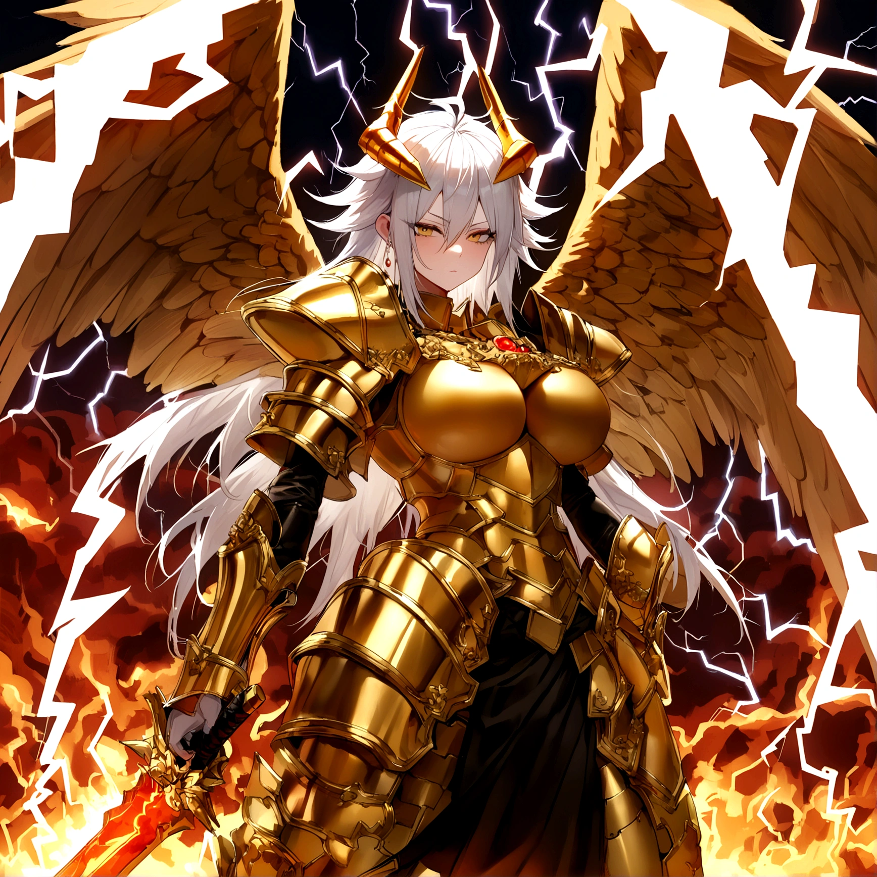 ((Lightning Power)), ((Electricity)), ((Fire Background)), ((Lightning Storm)), ((Power Erupting)), ((((android 21)))), (((Evil Power))), (((white Coat))), (((Busty))), (((((Big :1,3)))), luxury bustier corset, (((silver hair))), (((Very slim waist))), propotional body, ((Gorgeous)), (((Fire Blazing Horns))), ((((gold wings))), masterpiece, hyperdetail, ambient effect, digital effect, (((FIRE SWORD)), (((Lightning Sword))), (((Fire Gold Armor))), (((Lightning Gold Wings)))
