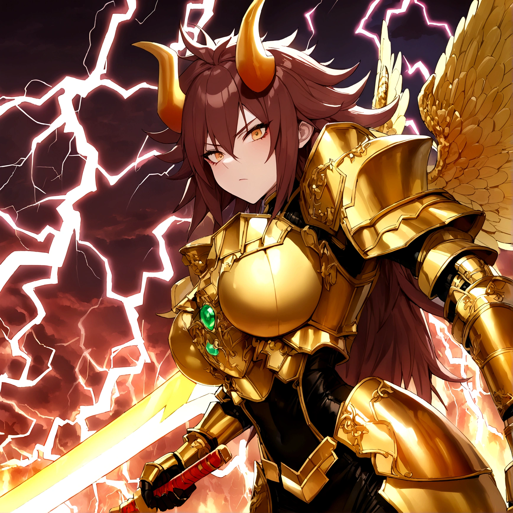 ((Lightning Power)), ((Electricity)), ((Fire Background)), ((Lightning Storm)), ((Power Erupting)),((((android 21 Evil)))), (((white Coat))), (((Busty))), (((((Big breast:1,3)))), luxury bustier corset, (((silver hair))), (((Very slim waist))), propotional body, ((Gorgeous)), (((gold wings))), masterpiece, hyperdetail, ambient effect, digital effect, (((Vampire Fangs))), (((FIRE SWORD)), (((Lightning Sword))), (((Fire Gold Armor))), (((Lightning Gold Wings))), (((Fire Blazing Horns)))