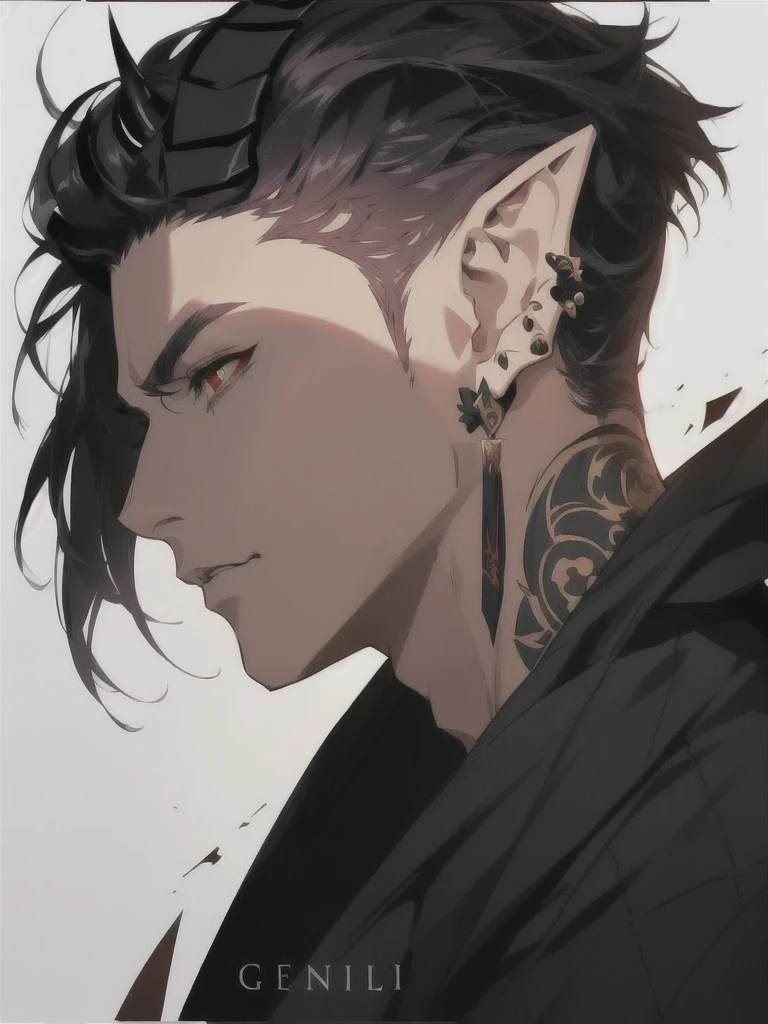 anime character with ear piercings and a black jacket, handsome guy in demon slayer art, a portrait of a male elf, handsome japanese demon boy, pale pointed ears, male anime character, a male elf, attractive humanoid, stunning anime face portrait, in the style of guweiz, demon horns, two black devil horns, two horns protruding from hair, large horns, striking appearance, masculine, two horns sticking out from top of head, red eyes