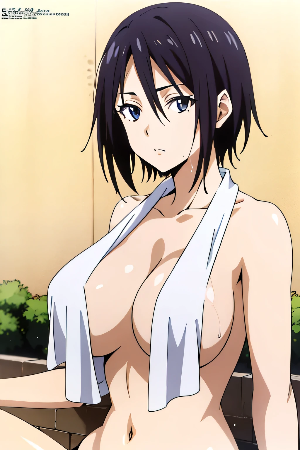 (Anime cel style, masterpiece, Highest quality, High resolution, Anime Color, Megami Magazine:1.2, Anime poster style, Anime key visual, sharp, 8k, Realistic), (Beautiful Eyes:1.5), sakaguchihinata\(Tiglath\), One girl, cute, Black Hair, Very short hair, Large Breasts, Cleavage, nude, (Wet Towel over breasts:1.2), (Upper Body, Sitting), (Perfectly detailed anatomy, Perfect Arms, Perfect Fingers, Beautiful Face, Perfect body, Shiny skin), hot spring, Wet