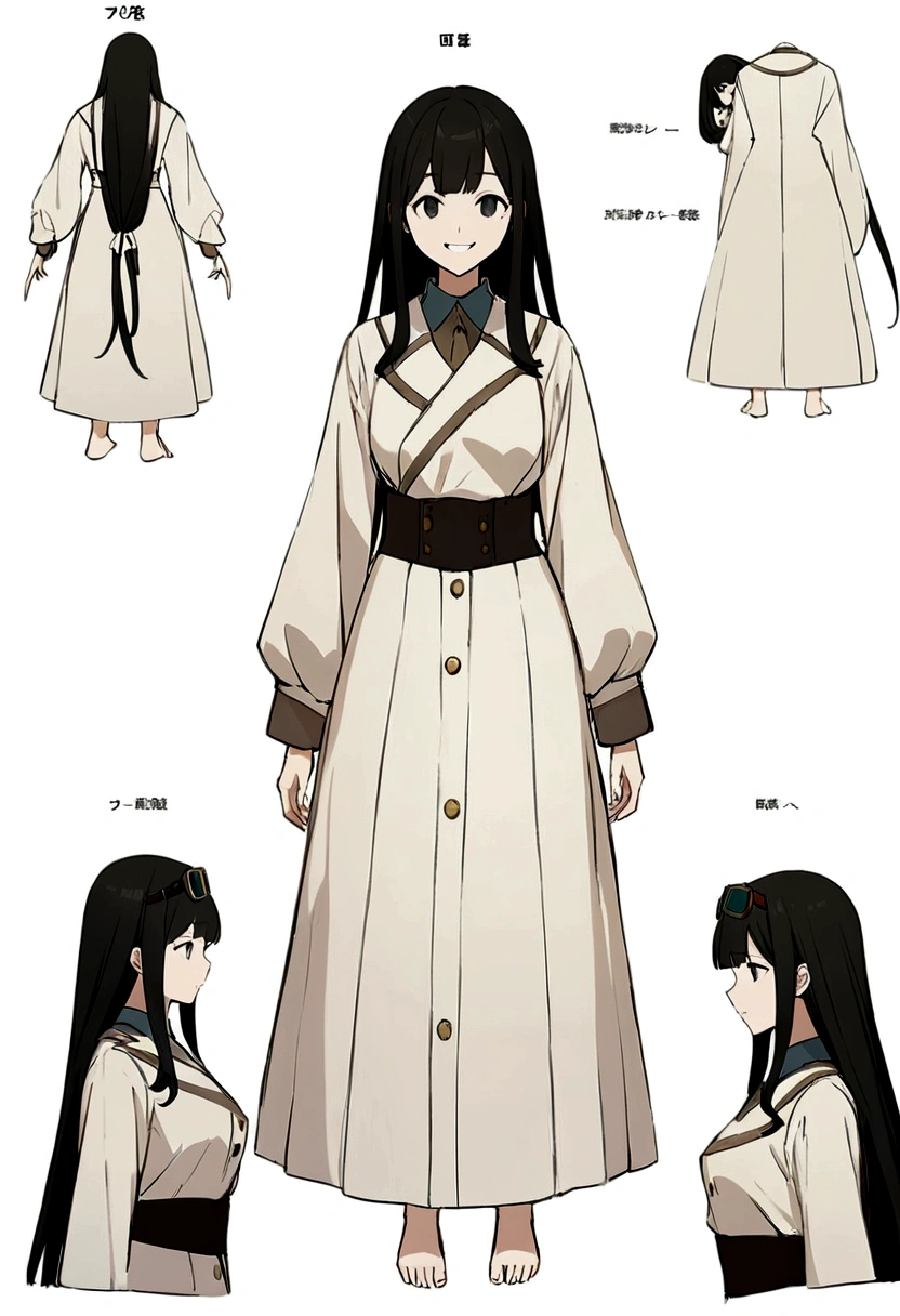 Hunchbacked Woman, {alone} ,{{{Looking at viewer}}},{{{Even the toes are visible}}},Concept Art, White background, Simple ground,Long hair，Waist-length permed hair, {{{Description of the whole body}}} , {{{Depicted up to the feet}}},girl wearing a white coat, Highest quality, masterpiece,Cowboy Shot, Looking_return,I have a toolbox, Neutral man,, young,22 years old, Black Hair,Simple white coat, Long sleeved white coat, Beautiful and delicate black eyes, holding a spanner，White teeth,Hanging eyes, Black Hairの目,smile,young，Wearing goggles on your head,transparent_returnground, returnlighting, White Background, High resolution, Very detailed, information，low length,8k，Official Art