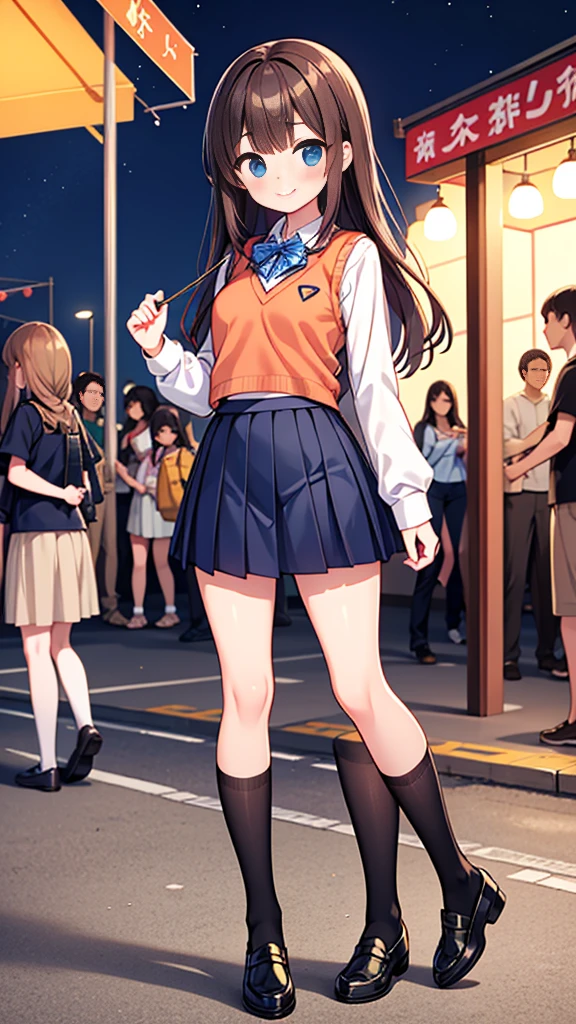 {best quality], [Super beautiful], [Ultrafine], [Best Illustration Award], Not suitable for working hours,Brown hair, Ji Qie, Long hair, With bangs, girl,High school student,,Knitted vest,skirt,Smile, blush, Slim women, Adult women,Standing,(people),Night Park,Summer Day Festival,diagonal, Navy blue knee socks,Black loafers