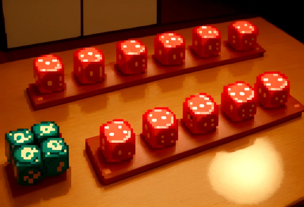 A stage and dice for Sugoroku on a desk、And from my chair I watch the four player pieces lined up.