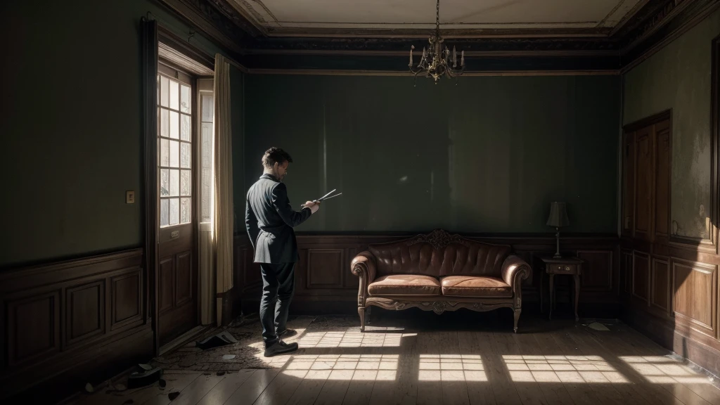 high resolution image (1080x720 pixels) de um homem parado dentro de uma casa. He is holding a sharp knife in one hand, vestindo um traje preto e um capuz que obscurece parcialmente seu rosto. The scene is dark, illuminated only by the faint light coming in from the nearby window, projecting intense shadows that add a climate of tension and mystery. No fundo, Vague details of antique furniture and worn walls suggest an abandoned and sinister environment.