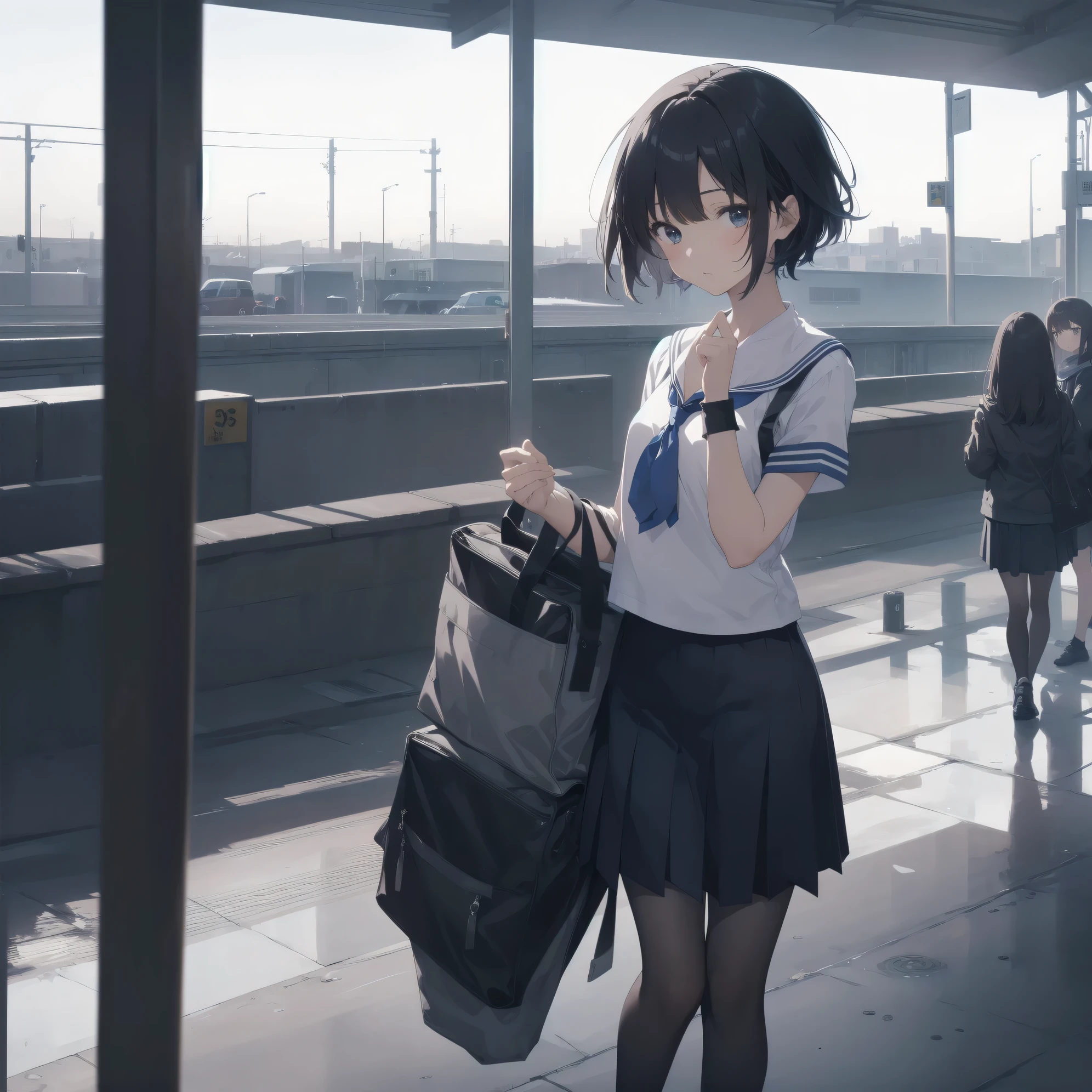 ultra-absurdres-Top quality by artist God, ultra-detailed, high resolution, anime moe artstyle, best anime 8k konachan wallpaper, pixiv contest winner, pool:2810, perfect anatomy,break, 1girl, (Please draw a girl walking sleepily to school alone. )break,(Solo,little female, -yeld:1.Full limbs, complete fingers,a junior hihort hair), short cut, flat chest, , small butt, small black eyes, beautiful detailed eyes, well-proportioned iris and pupils, expressive eyes, highres detailed hair, soft expression, salor school_uniform, sailor collar, serahuku, bow, pleated skirt,(Detailed Lighting), (Detailed background), in the School commute route. break,super detailed skin, Best cinematic lighting powered by famous artist, 8k,beauty illustration,photoshop_(medium),very aesthetic,break,((artist:takafumi )), artist:clamp ,artist:carnelian ,artist:kantoku ,