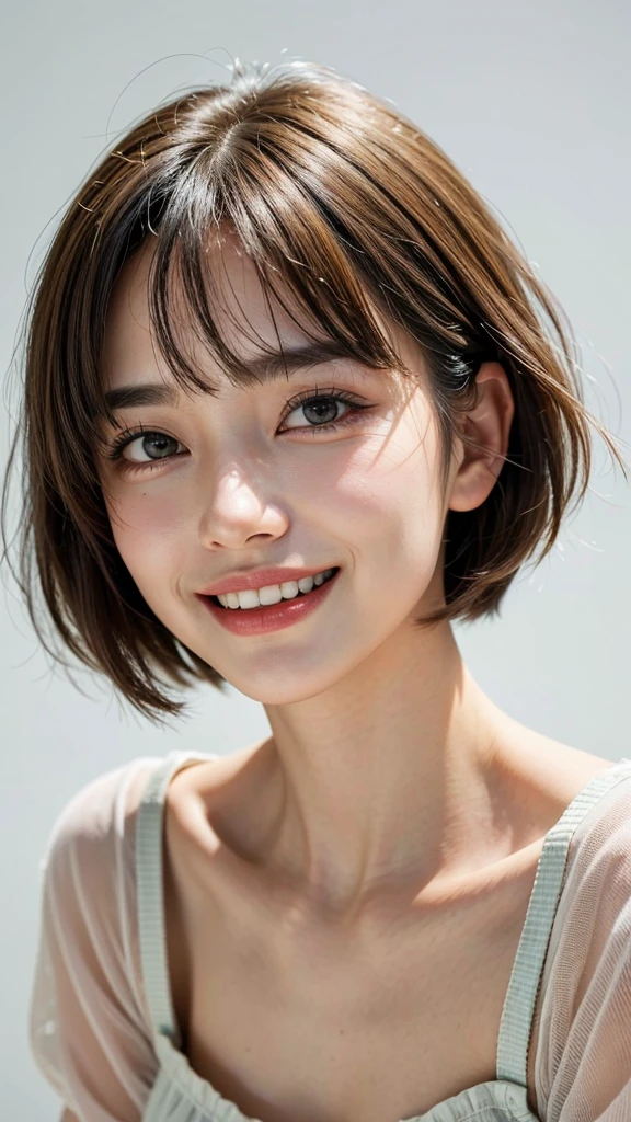 highest quality, masterpiece, ultra high resolution, (realistic:1.4), (portrait facing each other) Raw photo, 1 girl, 20-year-old,((K-POPアイドルコスチューム)),((very short hair)),((bangs, short hair, above the eyebrows)),((looking up at the viewer)),realistic,((Simple solid color background)), picture media chest)),((toothy smile)),