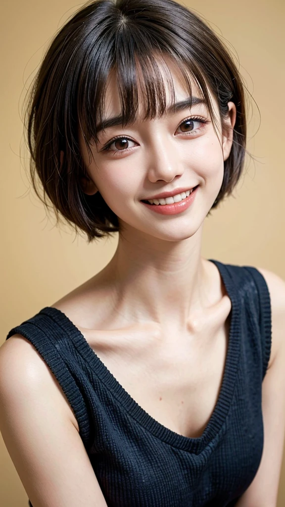 highest quality, masterpiece, ultra high resolution, (realistic:1.4), (portrait facing each other) Raw photo, 1 girl, 20-year-old,((K-POPアイドルコスチューム)),((very short hair)),((bangs, short hair, above the eyebrows)),((looking up at the viewer)),realistic,((Simple solid color background)), picture media chest)),((toothy smile)),