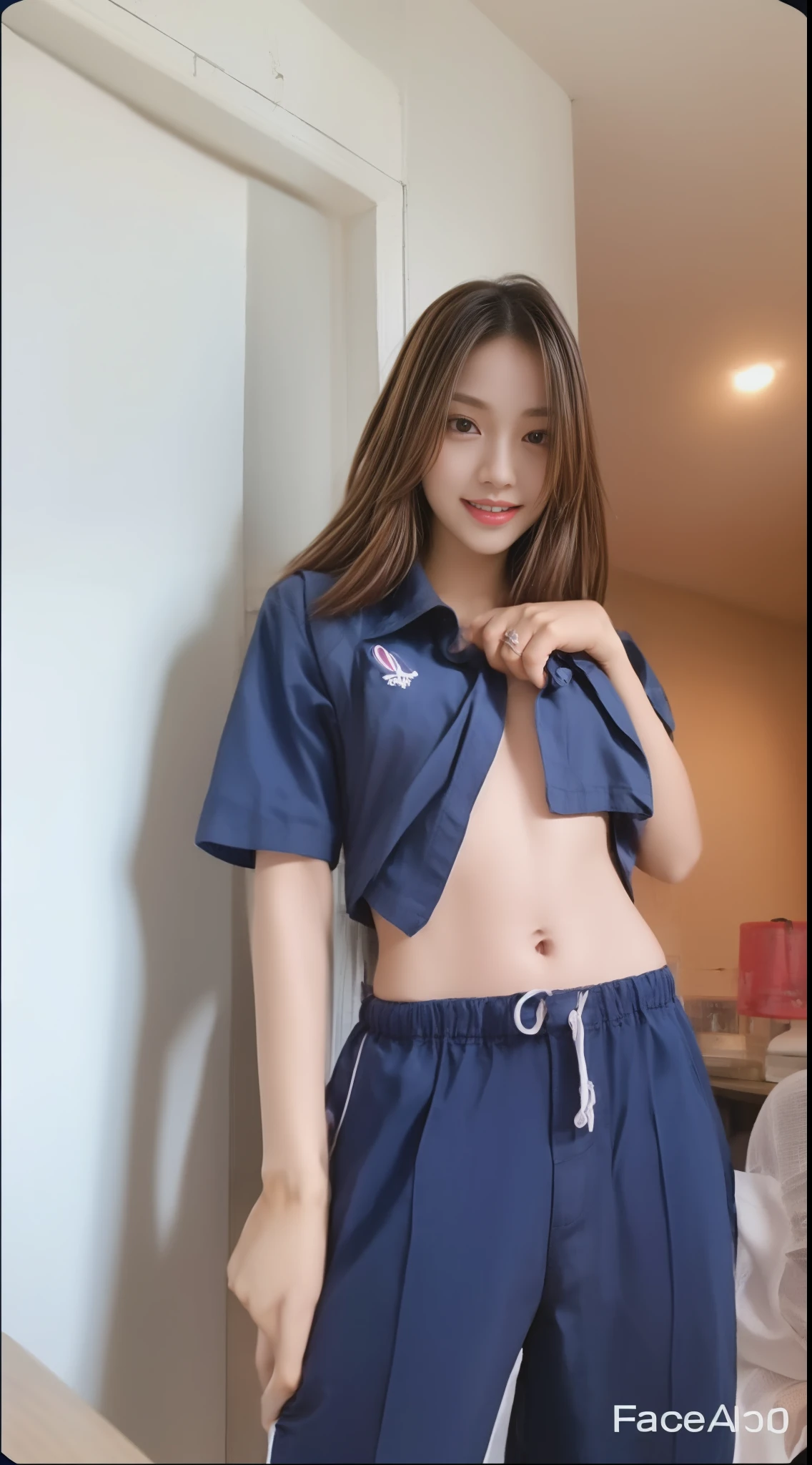 (best quality,10,10,height,Masterpiece:1.2),Special details,(realistic,Realistic picture,Realistic photos:1.37),1 Cute girl in the kitchen,shiny, skin shiny,only,smile softly,BDclothelue shirt:1.3)),short sleeve,shirt, Long pants.,(navy_long_track pants:1.1), ((Kitchen Background)),Dynamic angle,excited,Face focus,dynamic poses,from behind,focus on ass,Masterpiece, best quality, ultra realistic, Too many details, 8k resolution, raw photos, Sharp focus, ((Navy blue shirt:1.1)), short sleeve, long route, perfect body, 2 mature women, 18 years old, Cinema-grade lighting system,blue sweatpants,exercise cloth,correct anatomy,perfect body, correct body, Sharp face, Correct body anatomical, full body, realistic gestures, long-haired, realistic poses,Wear long shorts...........................,The legs are long.,Good shape,carved girl, Slender figure, model, Good shape, beautiful body,blue sweatpants, two girls kissing