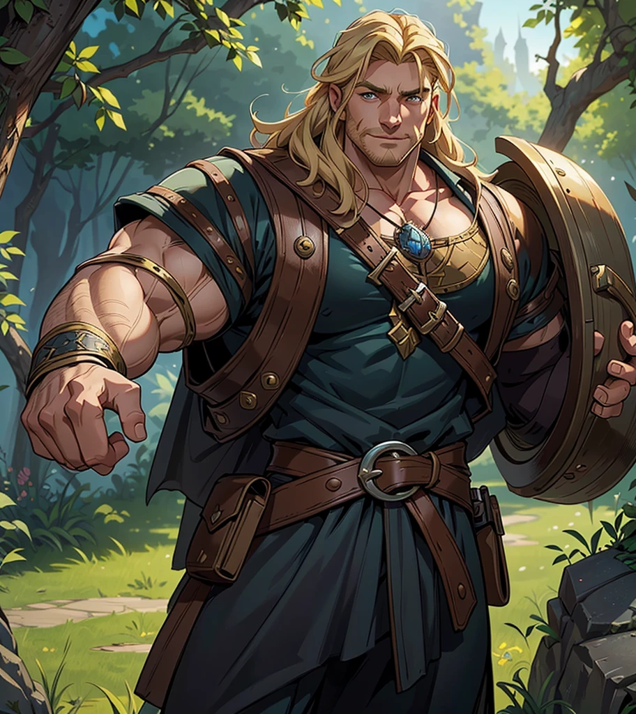 (((Solo character image.))) (((Generate a single character image.)))  (((Dressed in medieval fantasy attire.)))  (((Dressed in medieval fantasy attire.))) Cute guy. Hot guy.   (((Dressed in medieval fantasy attire.))) (((Has Italian and Greek ethnic features.)))  (((Bodybuilder physique.))) (((Attractive, shoulder-length blond hair.))) Looks like a fun-loving and heroic male adventurer for Dungeons & Dragons. Looks like a very attractive male adventurer for a high fantasy setting.  Looks like a handsome and rugged male adventurer for Dungeons & Dragons. Looks like a handsome male for a medieval fantasy setting. Looks like a Dungeons & Dragons adventurer, very cool and masculine hair style, black clothing, handsome, charming smile, adventurer, athletic build, excellent physique, confident, gorgeous face, gorgeous body,  detailed and intricate, fantasy setting,fantasy art, dungeons & dragons, fantasy adventurer, fantasy NPC, attractive male in his mid 20's, ultra detailed, epic masterpiece, ultra detailed, intricate details, digital art, unreal engine, 8k, ultra HD, centered image award winning, fantasy art concept, digital art, centered image, flirting with viewer, best quality:1.0,hyperealistic:1.0,photorealistic:1.0,madly detailed CG unity 8k wallpaper:1.0,masterpiece:1.3,madly detailed photo:1.2, hyper-realistic lifelike texture:1.4, picture-perfect:1.0,8k, HQ,best quality:1.0,