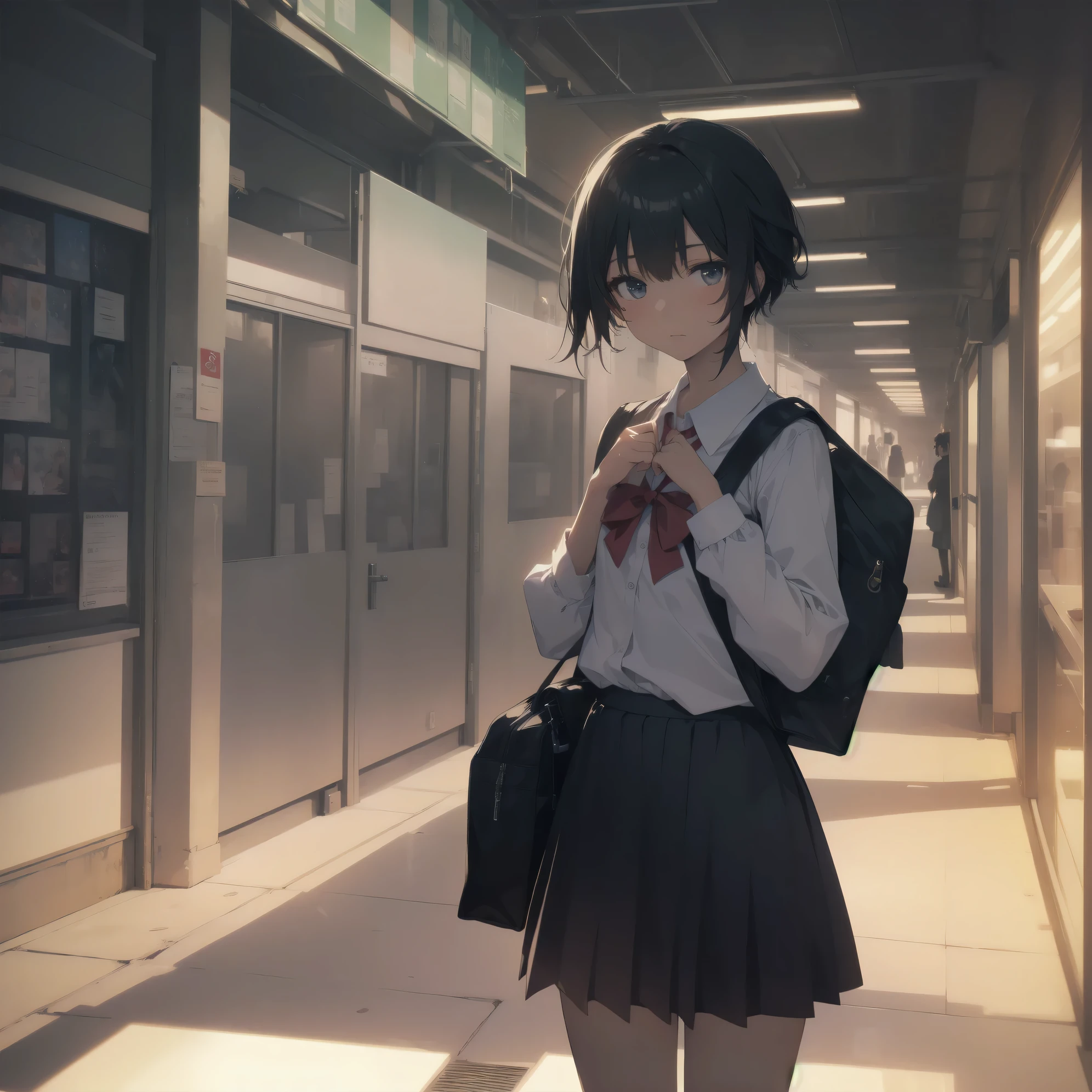 ultra-absurdres-Top quality by artist God, ultra-detailed, high resolution, anime moe artstyle, best anime 8k konachan wallpaper, pixiv contest winner, pool:2810, perfect anatomy,break, 1girl, (Please draw a girl walking sleepily to school alone. )break,(Solo,little female, 13-year-old:1.3),Full limbs, complete fingers,a junior high school student, (very short hair), short cut, flat chest, , small butt, small black eyes, beautiful detailed eyes, well-proportioned iris and pupils, expressive eyes, highres detailed hair, soft expression, salor school_uniform, sailor collar, serahuku, bow, pleated skirt,(Detailed Lighting), (Detailed background), in the School commute route. break,super detailed skin, Best cinematic lighting powered by famous artist, 8k,beauty illustration,photoshop_(medium),very aesthetic,break,((artist:takafumi )), artist:clamp ,artist:carnelian ,artist:kantoku ,