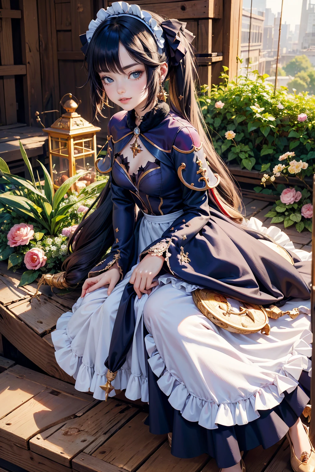 Mona_(genshin impact), cat ears, animal ears, cat tail, ornament hair, perfectly body, perfectly hands, wave hair, black hair, long hair, twintails, maid, maid dress, maid headdress, maid apron, white apron, seat on a sofa, garden, garden scenery, red roses on focus, gold lantern, navy dress, more details on her clothes, white dress with transparency, golden details, night, smiling, cape, ((4k, masterpiece, top-quality)),8k, best quality, high resolution, HD, (illustration:0.8), super cute girl, delicate and beautiful face, 1girl, solo, mature girl, super cute hairstyle, (beautiful detailed eyes:1.6), extremely detailed face, perfect lighting, extremely detailed CG, (perfect hands, perfect anatomy), Best quality, cleavage, small skirt, full Body,