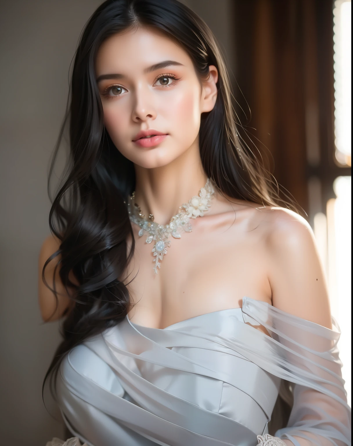 long hair, (very delicate and beautiful neck), Necklace with beautiful details, bare shoulders, ballroom dancing, ((random color evening gown)), hall, fancy, (very delicate and beautiful),very delicate,huge file size,(((masterpiece))),((illustration)),(very detailed CG Unity 8k 벽지),(very detailed),best quality,(((realistic))), photography,(an very delicate and beautiful girl:1.3),((((black hair)))),big bust,