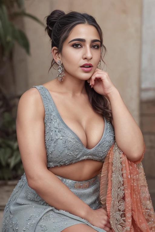  photo of busty sara ali khan, red lips, sitting pose posing nude, blue dress, laughing,cute face,  ponytail hair style 
Nude and naked, nipple, uncensored (cinematic:1.3), intricate details, (ArtStation:1.2), high resolution ,4K
A peaceful orange garden and a clear blue sky.
