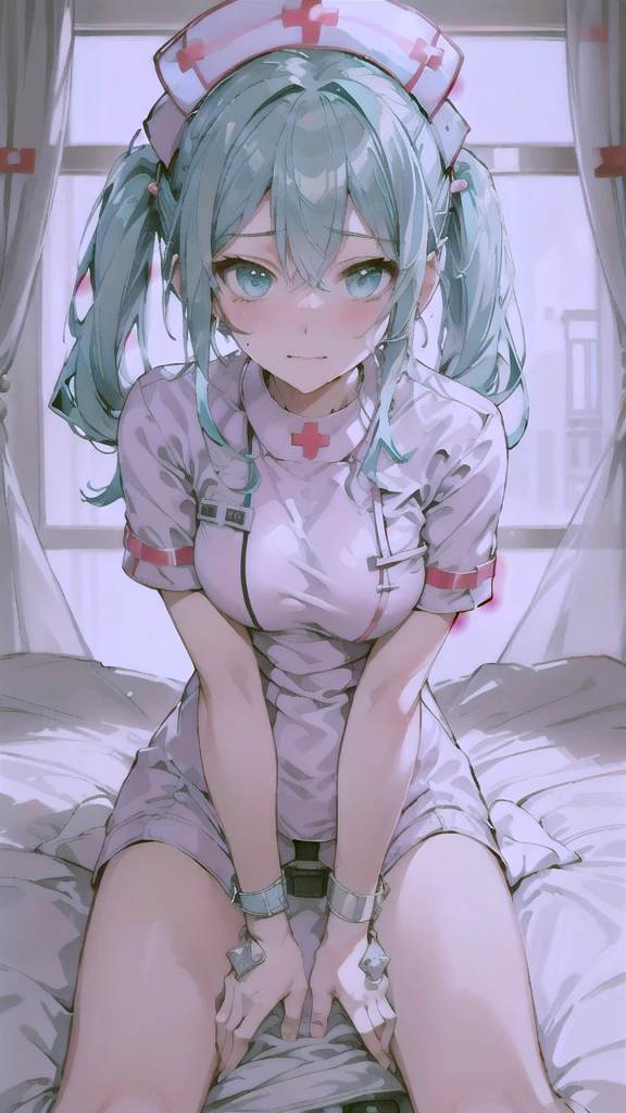 masterpiece,Super detailed,In 8K,Best Composition,Photorealistic,View from the front from below,(head only Hatsune Miku,Light-blue long twin-tails:1.3),(Face is close,Beautiful fine details,Looking into the camera:1.7),shy smile,sweating,(Lewd face:2.0),very Blushing,Big Breasts,sexy Oily skin details,(On all fours,Spread your legs:1.5),Blouse with exposed chest,(Nurse Costume:2.0),Cute bangles,midnight scene,(((Dimly lit room))),On a hospital bed,partition curtain,ceiling Fluorescent light