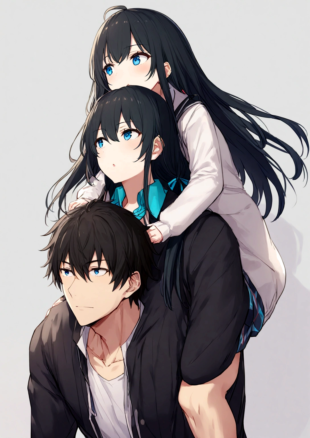 1 gril man giving  yukino yukinoshita  piggyback ride, Yukinoshita Yukino in the bottom blue eyes black long hair piggyback ride, size difference,  man yukino Yukinoshita 1 man