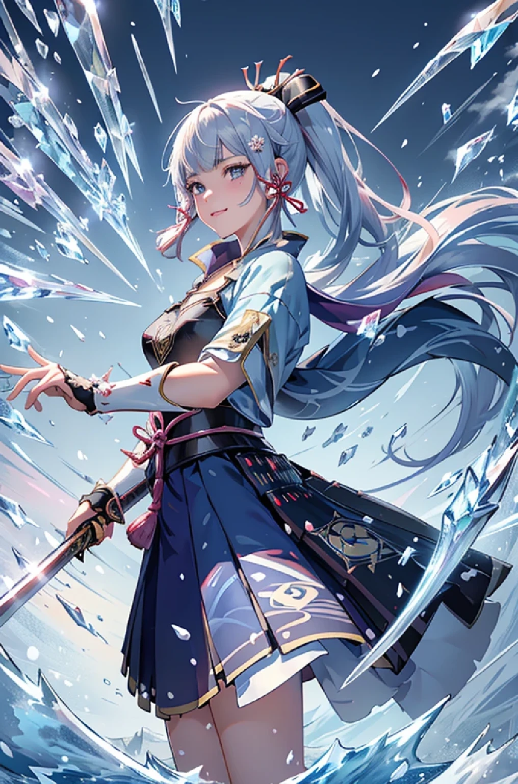 ((kamisatoayakadef)),1 Anime Girl, Warrior, Realistic people,Realistic, beautiful, smile, elegant, Majestic, Splash Art, Particles of light, Diamond Blade, (Cold Energy, Cold Blast, cold water: 1.4) Dynamic pose, ((Japanese Sword,Grab your sword))((Holding a sword)),milky way, (Fractal Art:1.1), (colorful:1.1),(Ice Flower:1.4), (Spiral Splash), Most detailed,(Tangled:1.1),(Abstract background:1.1), (Shiny skin), (Many colors:1.4), Ultra-high resolution, retina, masterpiece, Accurate, Anatomically correct, texture.(background:ice-flurry, snow,ice-shard, ice, crystallization)