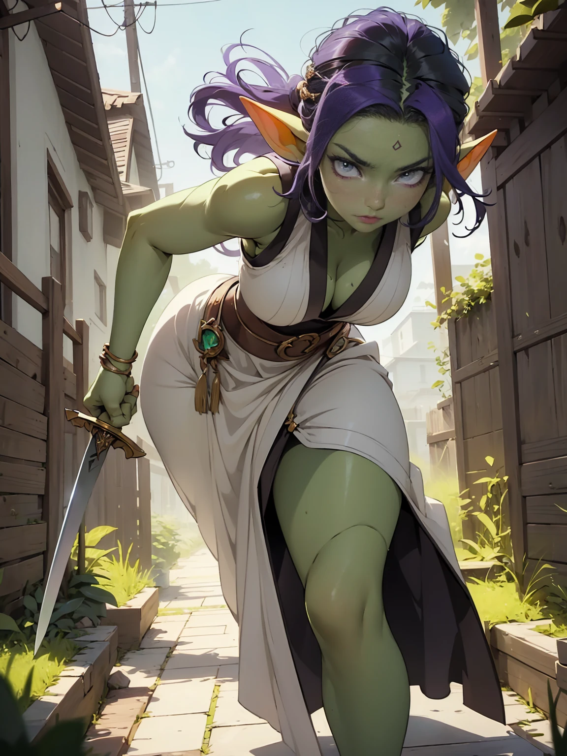 ((best quality)), ((masterpiece)), (detailed), goblin girl, (green skin), purple hair, sword dancer, wearing flowing white robes, action pose, dynamic pose, cinematic still