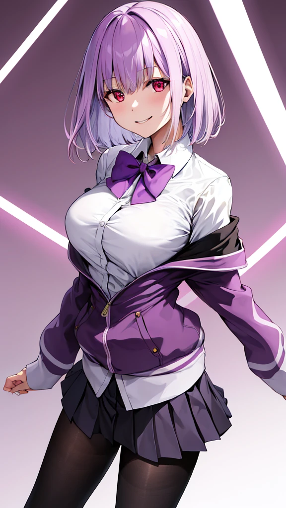 masterpiece, highest quality, High resolution, shinjou akane, One girl, alone, pantyhose, shirt, bow, skirt, purple Jacket, Jacket, white shirt, Long sleeve, short hair, black skirt, collared shirt, black pantyhose, Open clothes, bowtie, purple bow, chest, bangs, Red eyes, pleated skirt, Off the shoulder, open Jacket, Sleeves are longer than the wrist, Light purple hair, purple bowtie, miniskirt,  Cowboy Shot,too evil smile,smile worst,looking down at viewer,laugh worst,evil laugh,deep shaded face,laugh face,big monster ,dark purple backgrounds,two hand,five fingers,two legs,