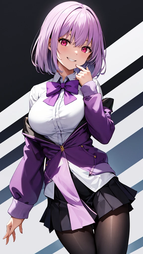 masterpiece, highest quality, High resolution, shinjou akane, One girl, alone, pantyhose, shirt, bow, skirt, purple Jacket, Jacket, white shirt, Long sleeve, short hair, black skirt, collared shirt, black pantyhose, Open clothes, bowtie, purple bow, chest, bangs, Red eyes, pleated skirt, Off the shoulder, open Jacket, Sleeves are longer than the wrist, Light purple hair, purple bowtie, miniskirt,  Cowboy Shot,too evil smile,smile worst,looking down at viewer,laugh worst,evil laugh,deep shaded face,laugh face,big monster ,dark purple backgrounds,two hand,five fingers,two legs,