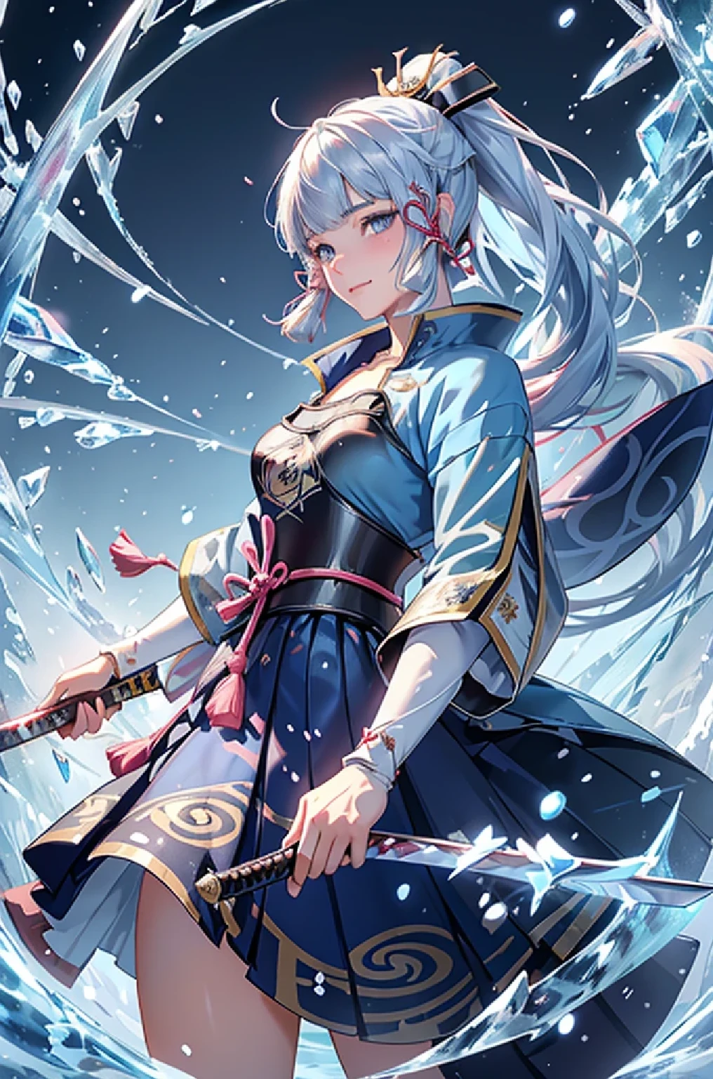 ((kamisatoayakadef)),1 Anime Girl, Warrior, Realistic people,Realistic, beautiful, smile, elegant, Majestic, Splash Art, Particles of light, Diamond Blade, (Cold Energy, Cold Blast, cold water: 1.4) Dynamic pose, ((Japanese Sword,Grab your sword))((Holding a sword)),milky way, (Fractal Art:1.1), (colorful:1.1),(Ice Flower:1.4), (Spiral Splash), Most detailed,(Tangled:1.1),(Abstract background:1.1), (Shiny skin), (Many colors:1.4), Ultra-high resolution, retina, masterpiece, Accurate, Anatomically correct, texture.(background:ice-flurry, snow,ice-shard, ice, crystallization)
