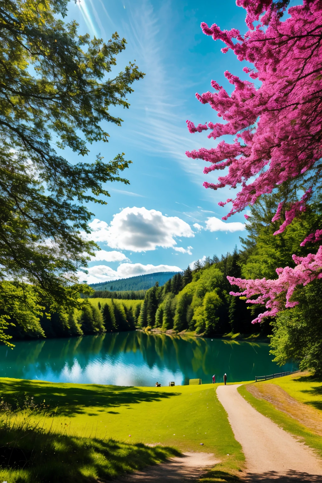 impressionism, deep blue sky background, few wind cloud, bright soft, a lake, strong black horse, white mare, path trail by the lake, leafy cedar, green fiel, red blossom, Turquoise, Aqua, Peach, Pink, Yellow pastel colours.