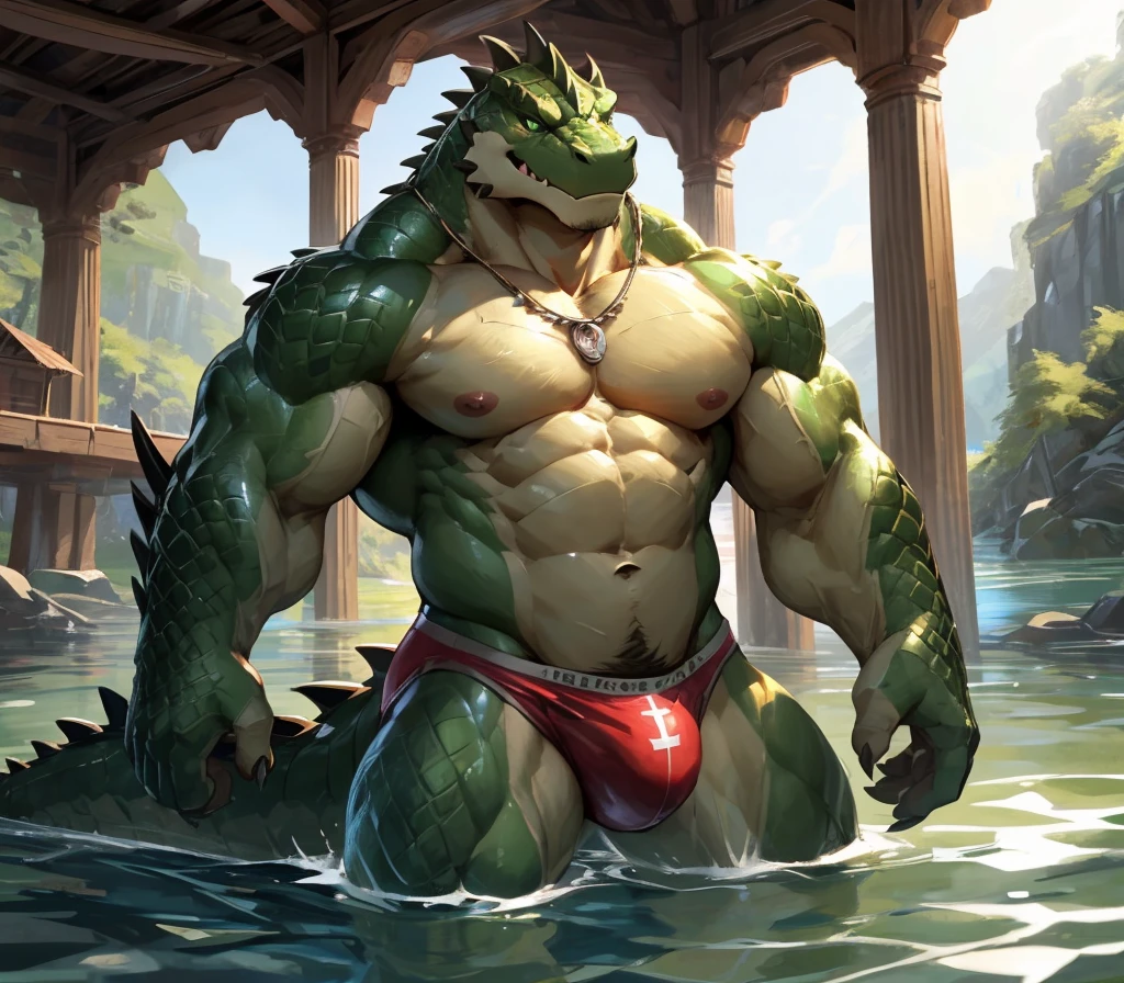 absurdres, ((best quality)), ((masterpiece)), (ultra detailed),perfect face,antro aligator:2.5, male, ((green crocodile skin)), aligator look, (strong beefy muscular body), (yellowish belly),(abs, strongmuscles, 8 pack), furry, handsome,Beautiful and delicate eyes, (ultra detailed eyes, green color eyes, sharp eyes), detailed scene,full body, shirtless, topless, pink nipples, (by null-ghost,by lindong), (full body), wearing random pattern necklace, claws, (scales), majestic, upper body naked, big fellow, muscular male, (wearing blue speedo), big fellow, huge body, handsome, majestic, barbarous, official art, hairy, male, inside the lake, swimming, full body view