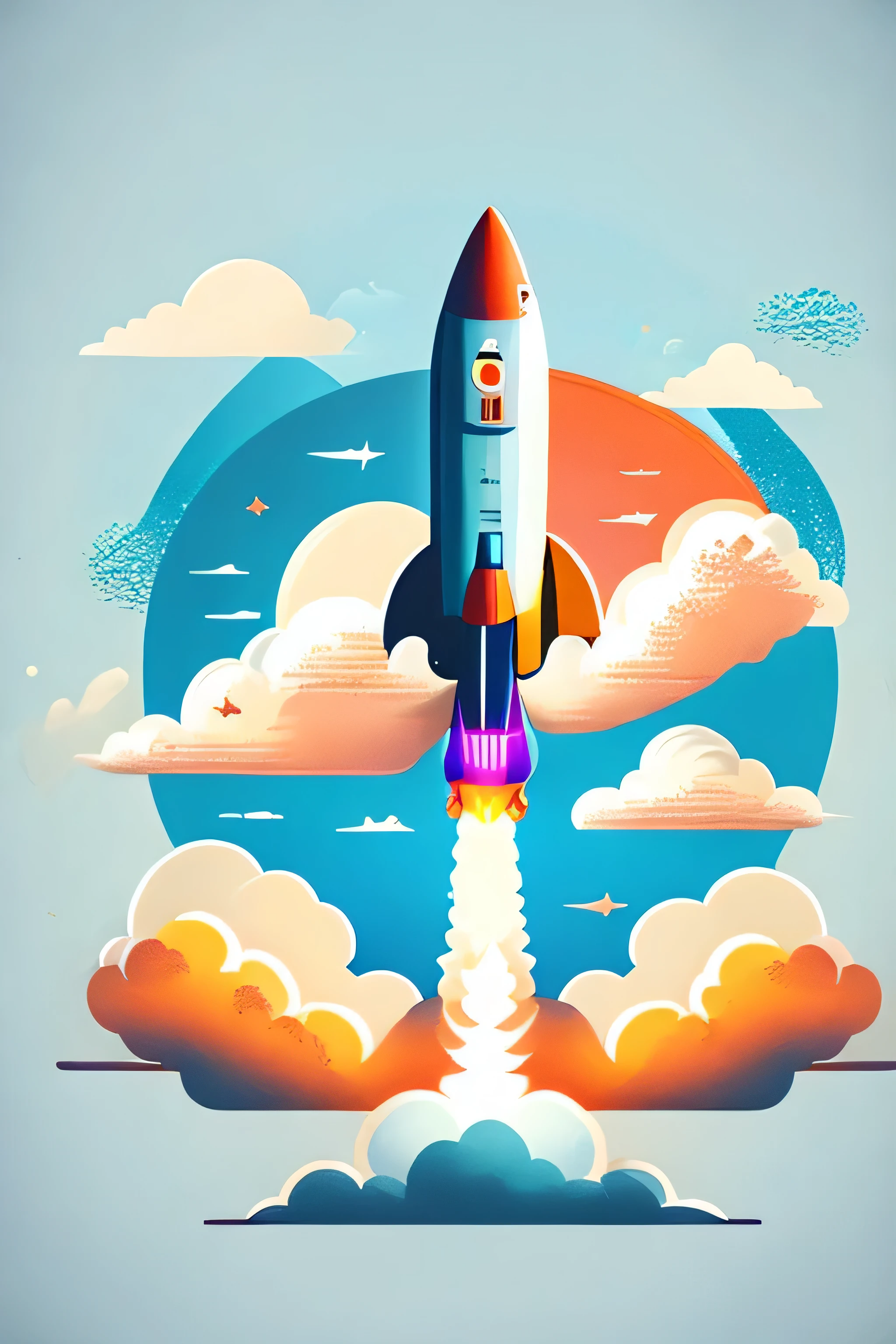 rocket launch with clouds, T-shirt design, Vector Art