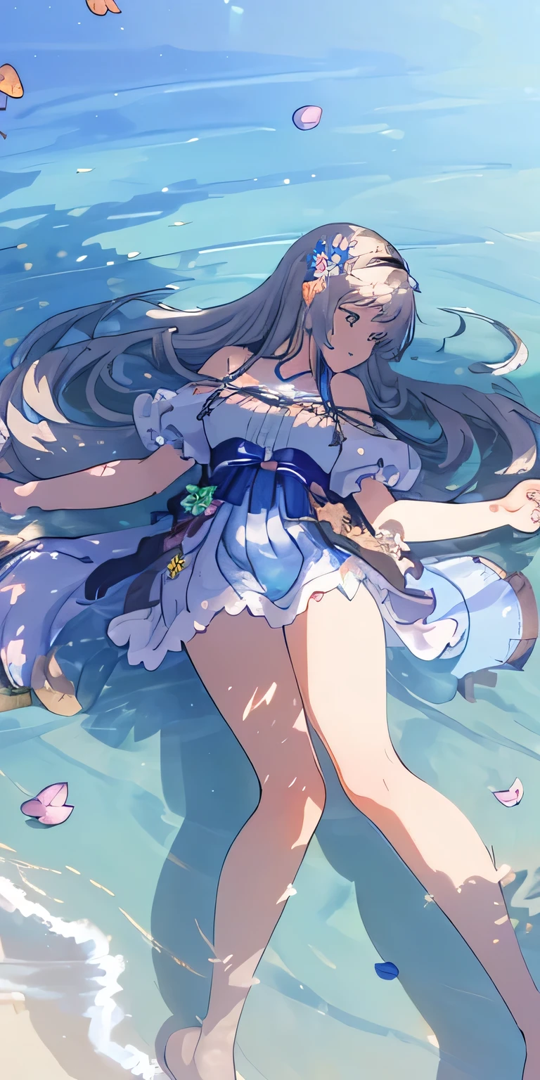 masterpiece, best quality, (Very detailed CG Unity 8k wallpaper) (best quality), (Best Illustration), (Best shadows) , 4k, clear blue sea, Delicate leaf petals of various colors falling from the sky ray traced, Super detailed--v6, flowers, clear water, beach 