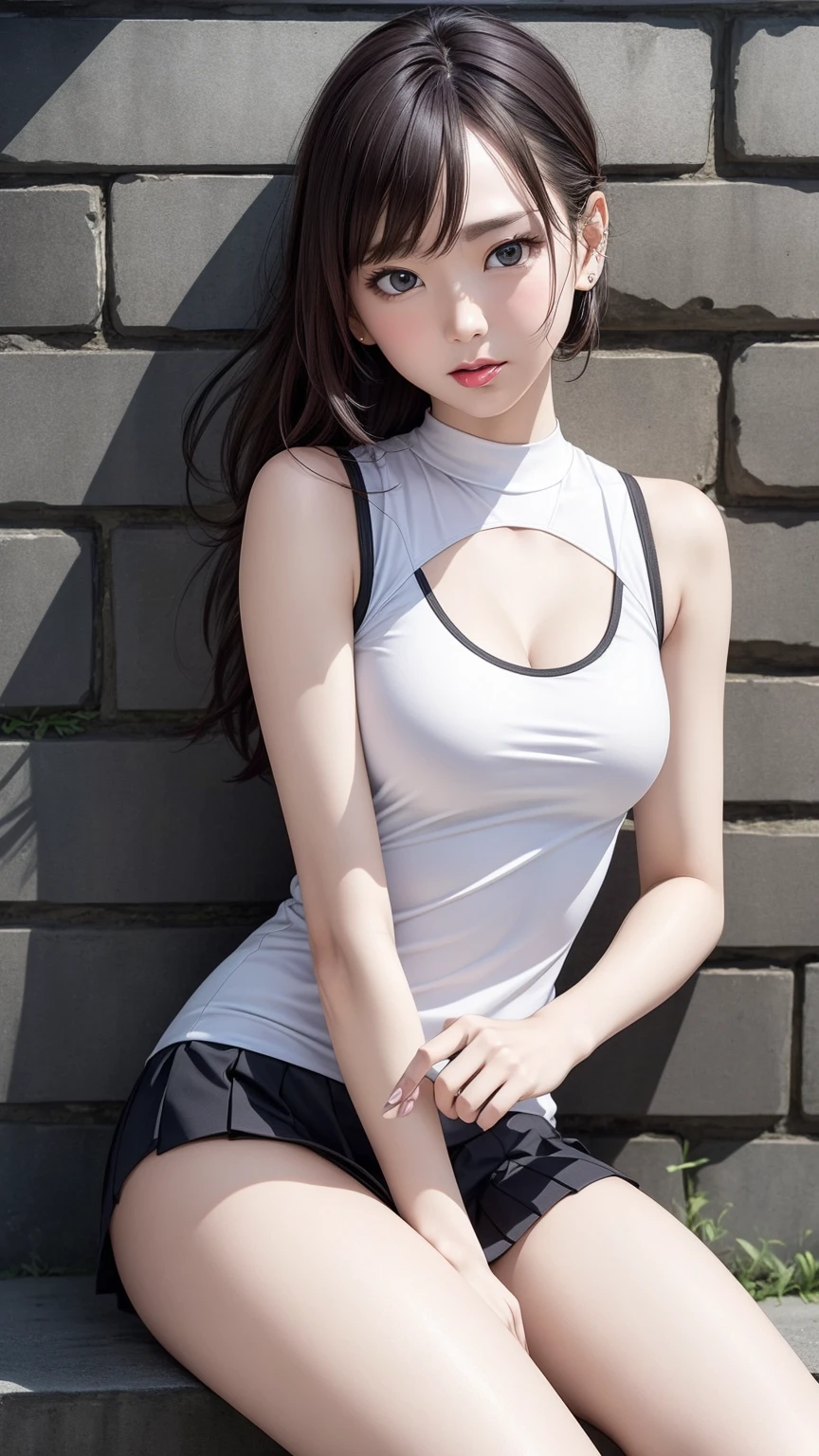 8K quality、High resolution、Realistic skin texture、High resolutionの瞳、woman、Sleeveless tennis wear、mini skirt、thin、リアルなwoman性器、Small and young breasts、Realistic tongue、Beautiful cleavage、Blonde ponytail、thin脚、Sweating profusely、Sweat accumulates in the chest、Leaning against a wall、Bare legs with legs apart