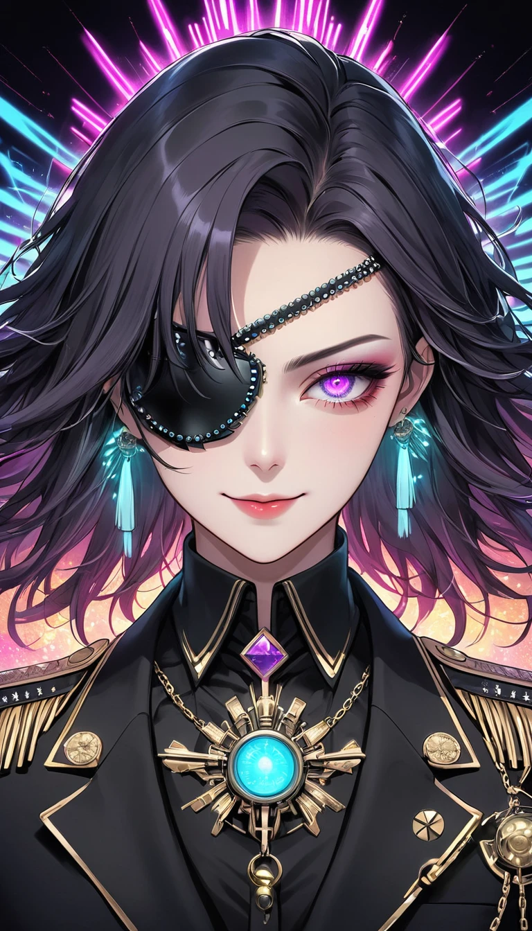 (Digital Illustration，Detailed anime style，Heavy Metal Cyberpunk，Pearl tassel eye mask，Girl wearing an eye patch，Queen aura，Solitary，symmetry)，(Fashionable and exquisite facial features，Exquisite makeup，Smooth skin，Smile，an eye)，(Hair Bunch)，(Black suit，Epaulettes-Chain，cool，)，(((Correct human anatomy)))，Radioactive geometric dynamic light wave background，Top fireworks