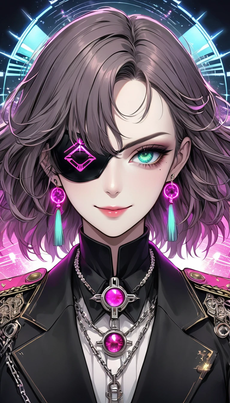 (Digital Illustration，Detailed anime style，Heavy Metal Cyberpunk，Pearl tassel eye mask，Girl wearing an eye patch，Queen aura，Solitary，symmetry)，(Fashionable and exquisite facial features，Exquisite makeup，Smooth skin，Smile，an eye)，(Hair Bunch)，(Black suit，Epaulettes-Chain，cool，)，(((Correct human anatomy)))，Radioactive geometric dynamic light wave background，Top fireworks