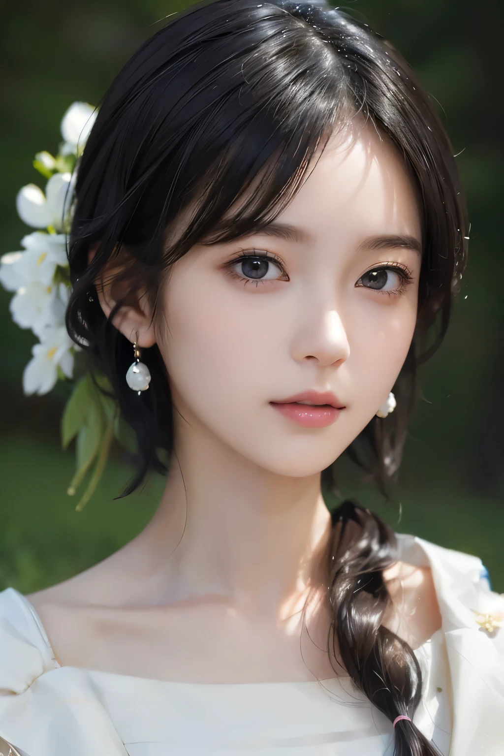 Close-up of a woman with flowers in her hair, A lovely and delicate face, Young and adorable Korean face, Beautiful portrait, Beautiful and delicate face, Cute natural anime face, Young and pretty Asian face, Beautiful aesthetic face, Soft Portrait Shot 8k, Young and pretty face, Girl cute beautiful face, Yanjun Chent, Gwaiz, Beautiful young Korean woman