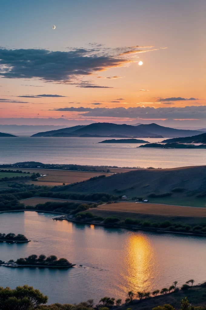 A picturesque scene depicting sunset and moon rise simultaneously with tints of slow breezes running across