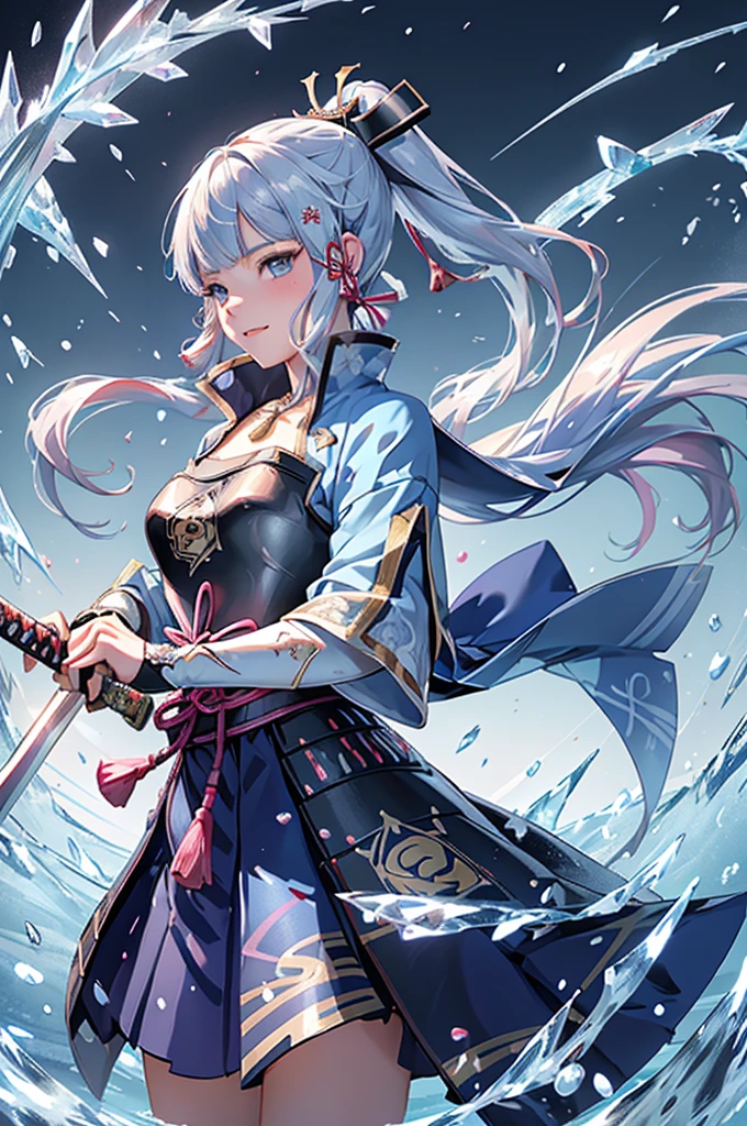 ((kamisatoayakadef)),1 Anime Girl, Warrior, Realistic people,Realistic, beautiful, smile, elegant, Majestic, Splash Art, Particles of light, Diamond Blade, (Cold Energy, Cold Blast, cold water: 1.4) Dynamic pose, ((Japanese Sword,Grab your sword))((Holding a sword)),milky way, (Fractal Art:1.1), (colorful:1.1),(iceの花:1.4), (Spiral Splash), Most detailed,(Tangled:1.1),(抽象的なbackground:1.1), (Shiny skin), (Many colors:1.4), Ultra-high resolution, retina, masterpiece, Accurate, Anatomically correct, texture.(background:ice-flurry, snow,ice-shard, ice, crystallization)