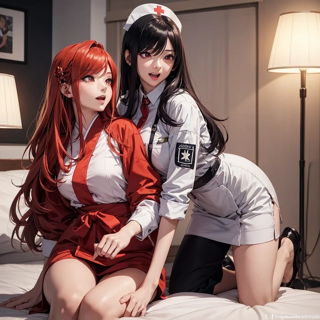 Two beautiful young women, Anime Style, Detailed face, Redhead, Red eyes, Delicate features, Soft lighting, Wear a nurse costume, Laugh and have fun, Playful expressions, comfortable、Well decorated bedroom, Person sitting on bed, Another was standing nearby.., Mr..々Cosplay accessories scattered around, Bright and attractive interior lighting, Dynamic pose, Japanese Anime Style, high quality, Very detailed, 8K resolution, Cinema Lighting, 最high quality, Vibrant colors, Instagrammable, beautiful, tendency、erotic、sexy