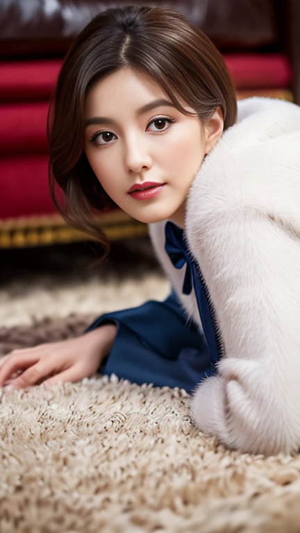 high quality, 16K, Professional photography, Highly detailed photos, Award-winning photo, Depth of written border, Portraiture, Gorgeous and fluffy luxury carpet, （1 Girl), 40 years old, Actress&#39;s face, The model's face, Detailed face, teeth, whole body, Get on all fours, ((Very large breasts and、Foot in human hand pose, Half Girl、Half Leopard, Beautiful leopard fur, Leopard Ears,  Sexy leopard tail