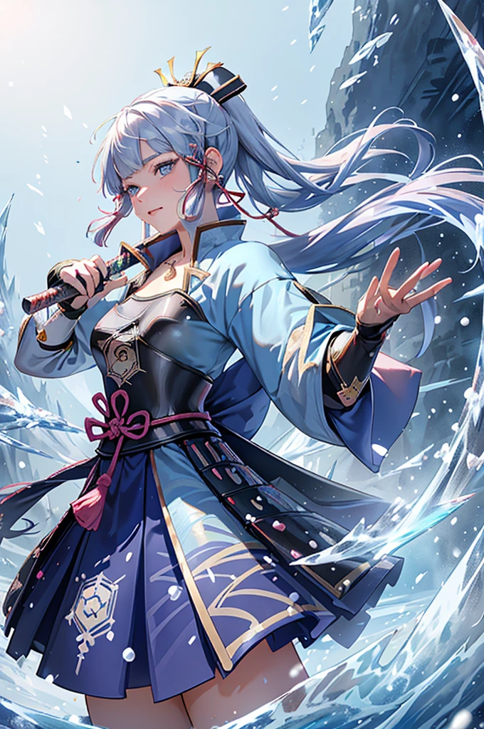 ((kamisatoayakadef)),1 Anime Girl, Warrior, Realistic people,Realistic, beautiful, smile, elegant, Majestic, Splash Art, Particles of light, Diamond Blade, (Cold Energy, Cold Blast, cold water: 1.4) Dynamic pose, ((Japanese Sword,Grab your sword))((Holding a sword)),milky way, (Fractal Art:1.1), (colorful:1.1),(iceの花:1.4), (Spiral Splash), Most detailed,(Tangled:1.1),(抽象的なbackground:1.1), (Shiny skin), (Many colors:1.4), Ultra-high resolution, retina, masterpiece, Accurate, Anatomically correct, texture.(background:ice-flurry, snow,ice-shard, ice, crystallization)