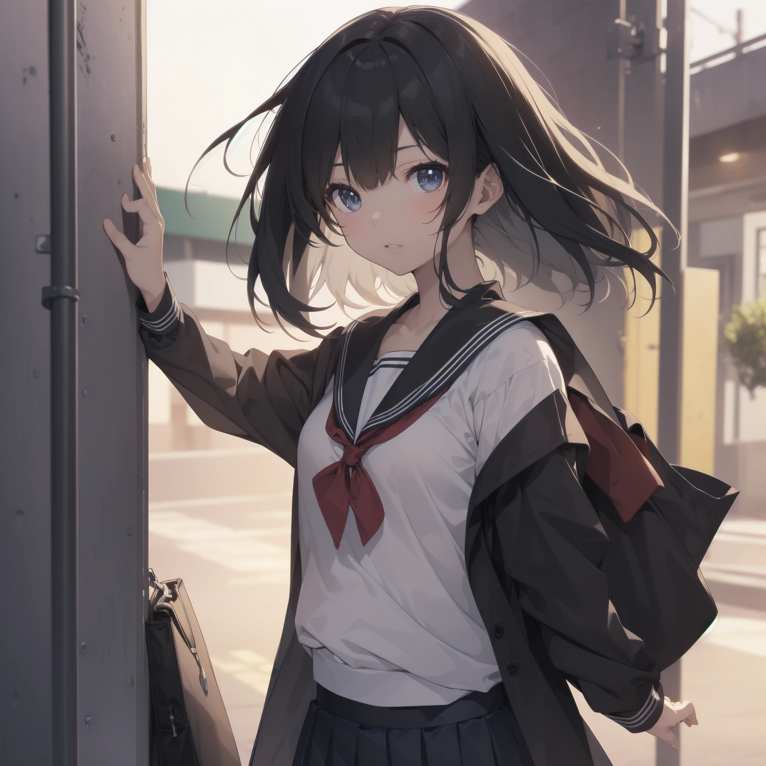 ultra-absurdres-Top quality by artist God, ultra-detailed, high resolution, anime moe artstyle, best anime 8k konachan wallpaper, pixiv contest winner, pool:2810, perfect anatomy,break, 1girl, (Please draw a girl walking sleepily to school alone. )break,(Solo,little female, 13-year-old:1.3),Full limbs, complete fingers,a junior high school student, (very short hair), short cut, flat chest, , small butt, small black eyes, beautiful detailed eyes, well-proportioned iris and pupils, expressive eyes, highres detailed hair, soft expression, salor school_uniform, sailor collar, serahuku, bow, pleated skirt,(Detailed Lighting), (Detailed background), in the School commute route. break,super detailed skin, Best cinematic lighting powered by famous artist, 8k,beauty illustration,photoshop_(medium),very aesthetic,break,((artist:takafumi )), artist:clamp ,artist:carnelian ,artist:kantoku ,
