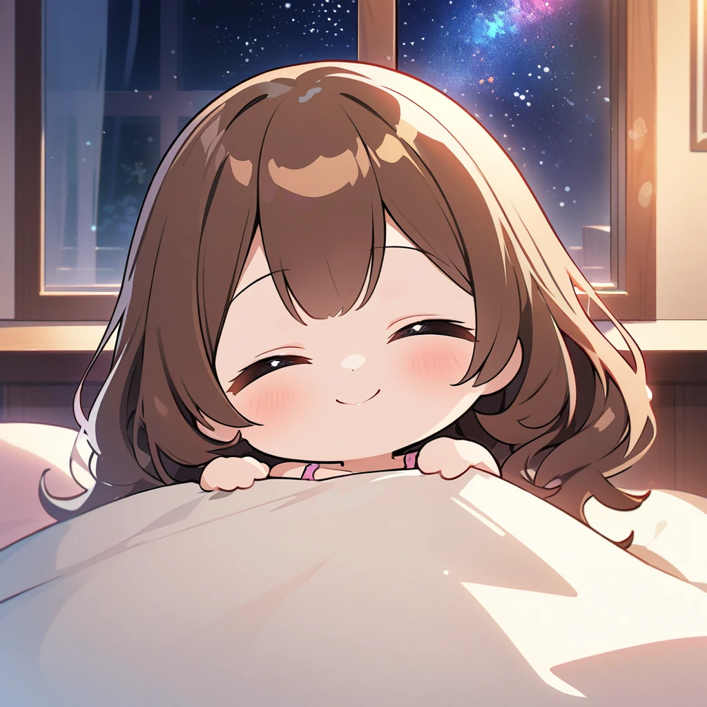 masterpiece、Highest quality、Depth of subject、２D illustration、1 beautiful girl、solo, (((chibi style)))、cute chibi, lovely chibi, ((night)), ((window)), ((starry sky)), Long, beautiful hair、shiny brown hair、cute、Beautifully detailed eyes、((blanket))、((colorful))、Camisole dress、((happy smile))、sleeping on bed, ((close up shot))、((Asleep in bed)), ((in the room))、((There&#39;s a lot of pink around))、((closed eyes))、Thighs、((vivid color))、sparkle、((Lens flare))、