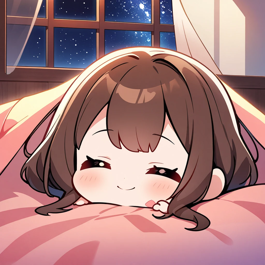 masterpiece、Highest quality、Depth of subject、２D illustration、1 beautiful girl、solo, (((chibi style)))、cute chibi, lovely chibi, ((night)), ((window)), ((starry sky)), Long, beautiful hair、shiny brown hair、cute、Beautifully detailed eyes、((blanket))、((colorful))、Camisole dress、((happy smile))、sleeping on bed, ((close up shot))、((Asleep in bed)), ((in the room))、((There&#39;s a lot of pink around))、((closed eyes))、Thighs、((vivid color))、sparkle、((Lens flare))、